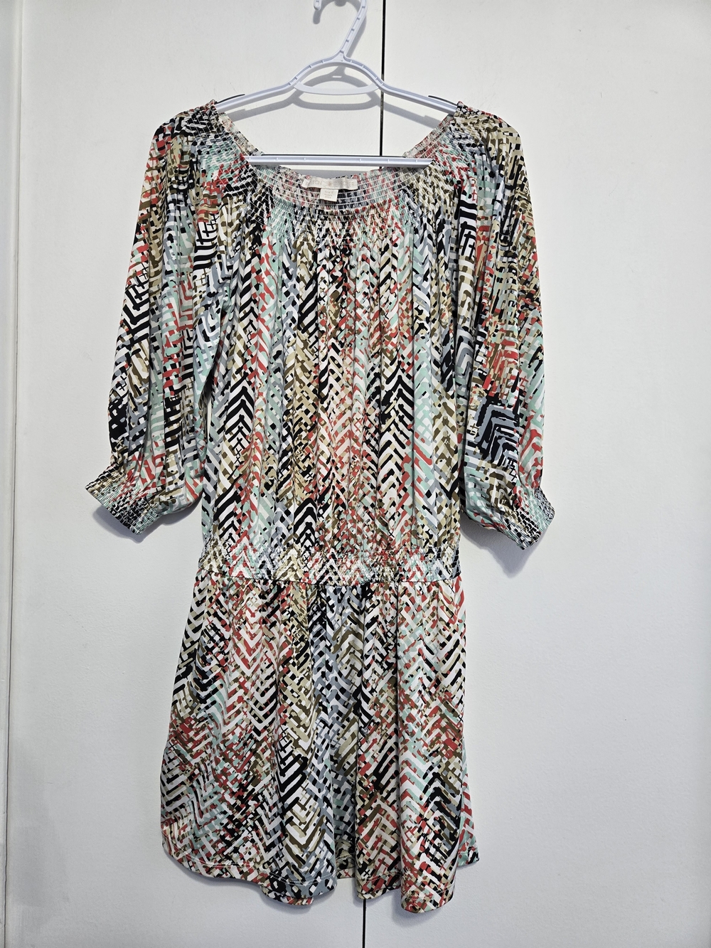 Boston Proper Romperβ Small Multicolor Boho Smocked Off Shoulder 3/4 Sleeve